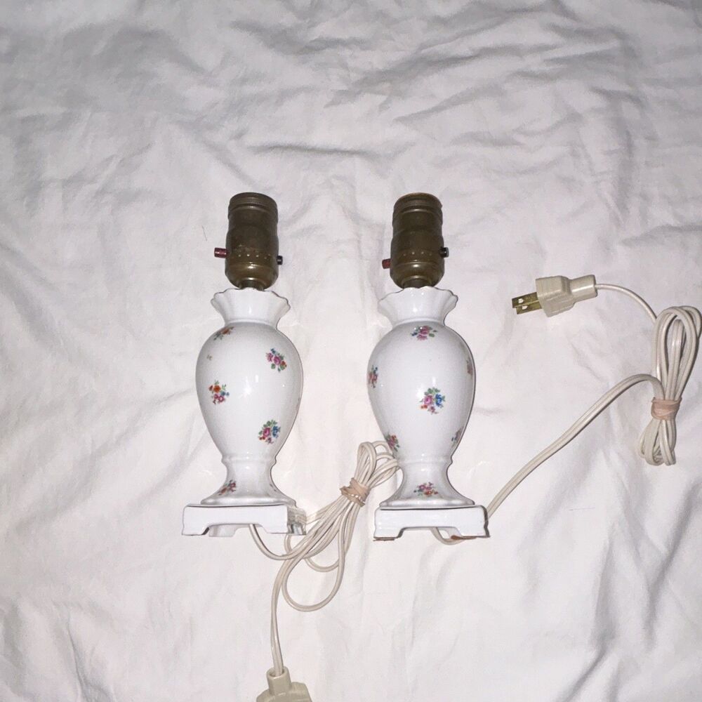 Victoria Czechoslovakia Porcelain Floral White Table Lamp Pair
